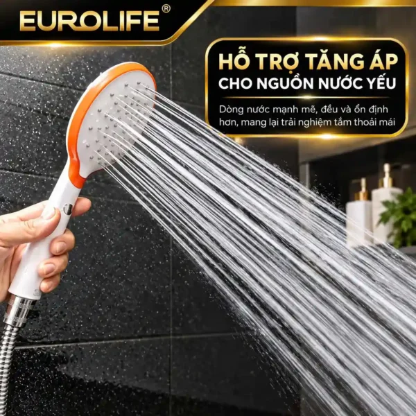 Bộ tay dây sen Eurolife EL-107SH hỗ trợ tăng áp cho nguồn nước yếu với dòng phun đều