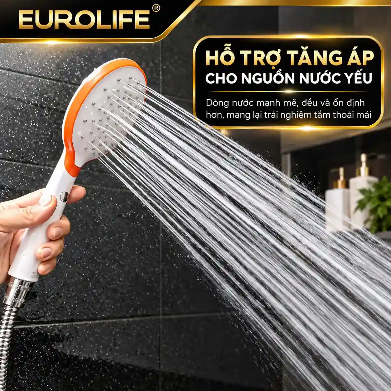 Bộ tay dây sen Eurolife EL-107SH hỗ trợ tăng áp cho nguồn nước yếu với dòng phun đều