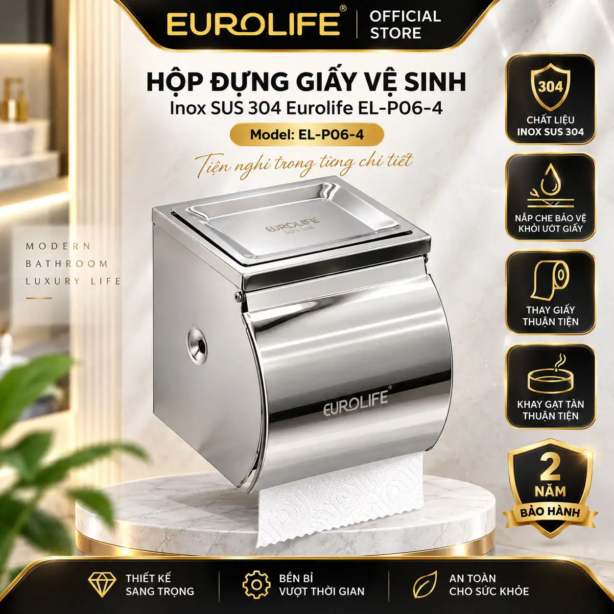 Hộp đựng giấy vệ sinh Inox 304 Eurolife EL-P06-4