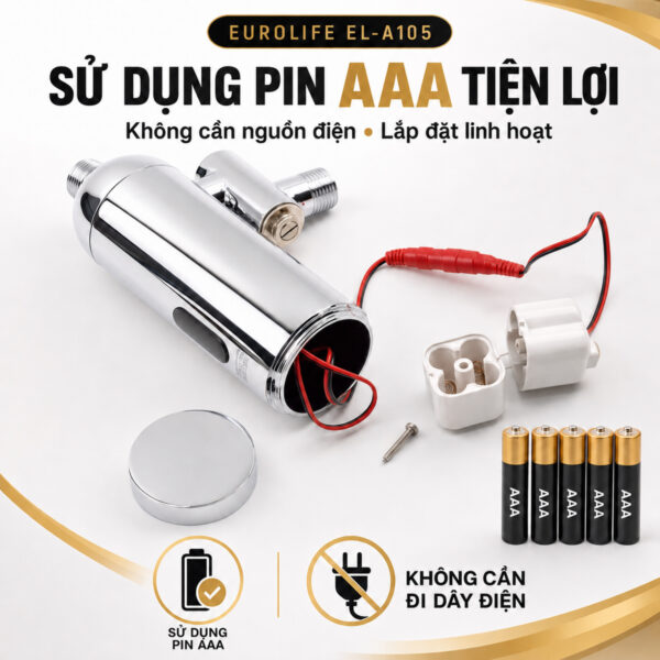 Hộp pin của van xả tiểu cảm ứng Eurolife EL-A105 sử dụng 4 pin AAA, không cần đấu điện lưới và thuận tiện thay pin khi cần.