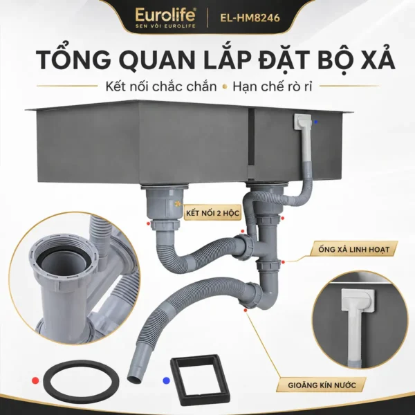 Tổng quan lắp đặt bộ xả cho chậu 2 hộc Eurolife EL-HM8245