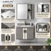 Infographic bộ tủ lavabo nhôm Eurolife BLV-AL15 với tủ gương Aluminium, chậu sứ âm mặt đá, tay nắm đen viền vàng và tủ dưới hai cánh.