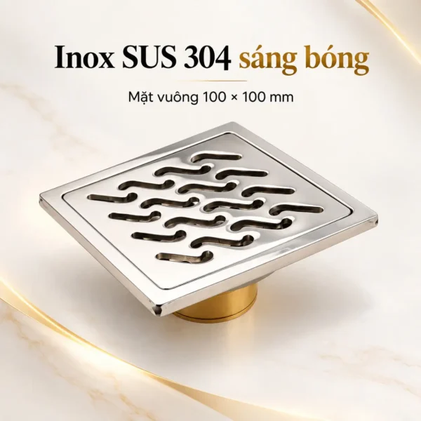 Thoát sàn Eurolife EL-HG07 bằng Inox SUS 304 sáng bóng với mặt vuông 100 × 100 mm