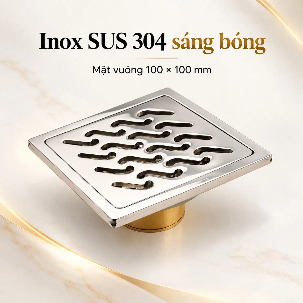 Thoát sàn Eurolife EL-HG07 bằng Inox SUS 304 sáng bóng với mặt vuông 100 × 100 mm