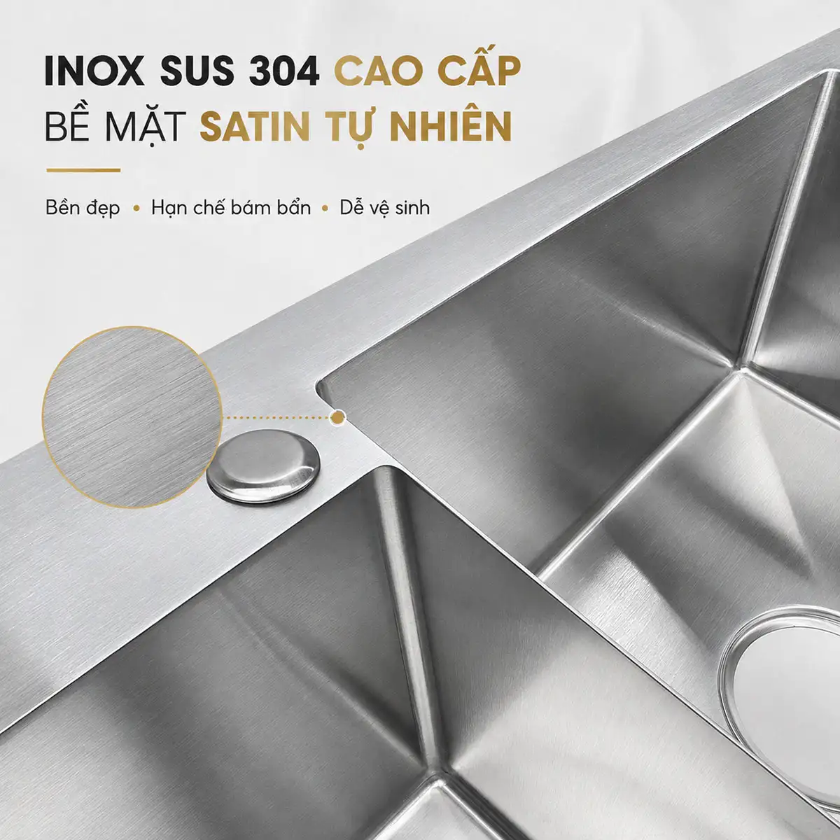 Bề mặt satin tự nhiên của Inox SUS 304 trên chậu Eurolife EL-HM8245
