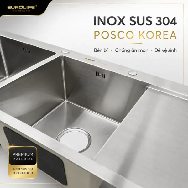 Chậu Eurolife EL-LS12050 Inox SUS 304 POSCO Hàn Quốc