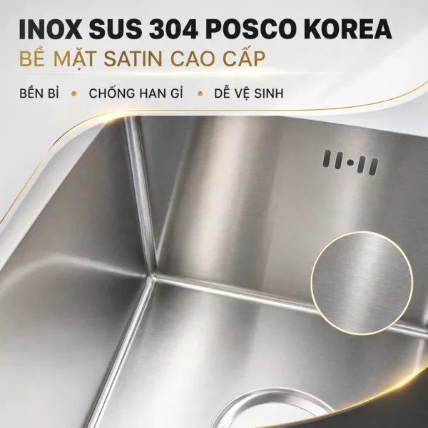 Bề mặt Inox SUS 304 POSCO Korea satin của chậu đúc Eurolife EL-LS10050