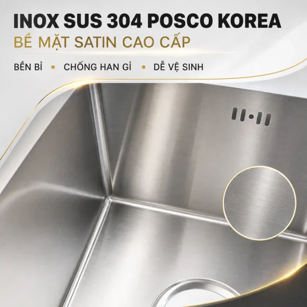Inox SUS 304 POSCO bề mặt Satin chậu đúc Eurolife EL-LS8245