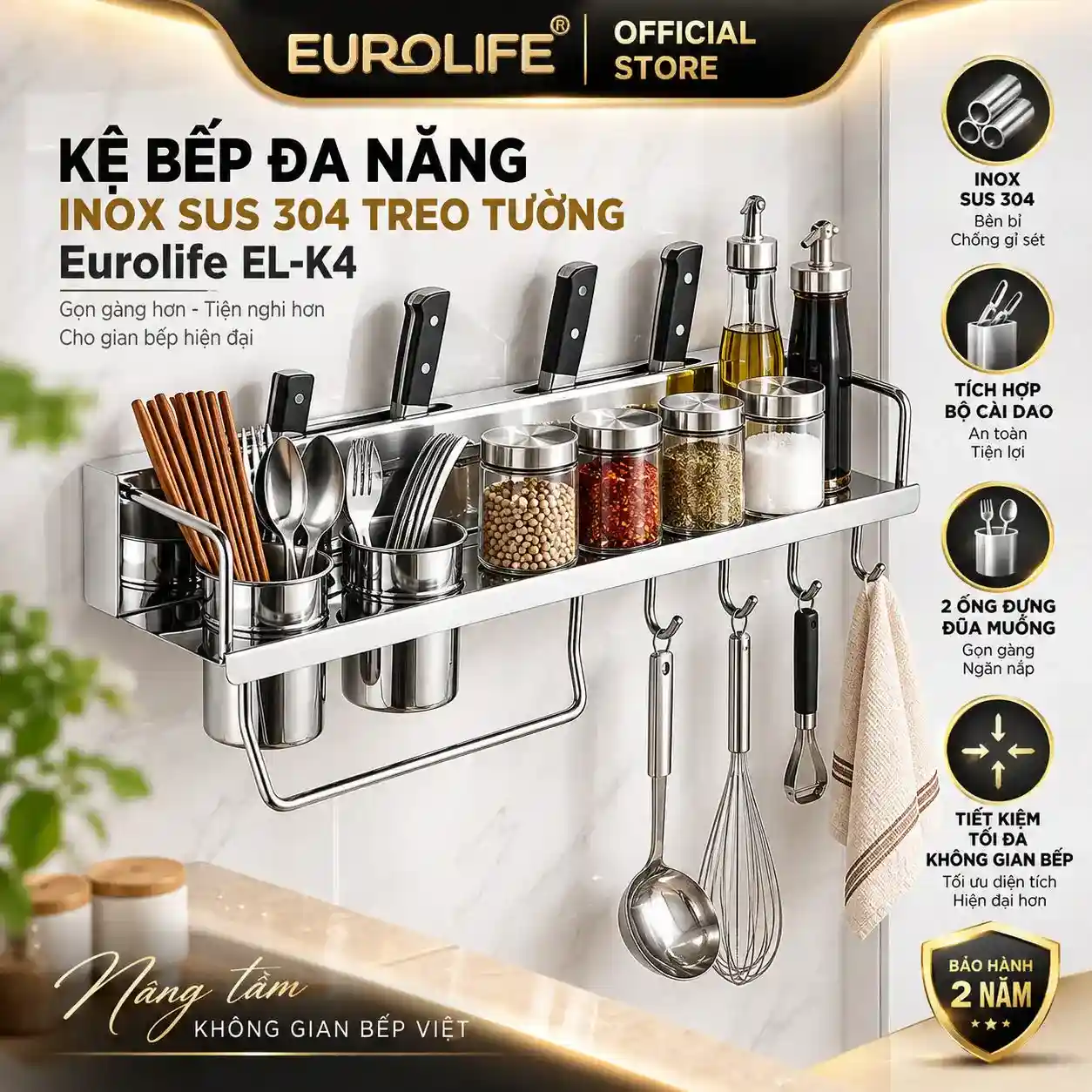 Kệ bếp đa năng inox 304 treo tường Eurolife EL-K4