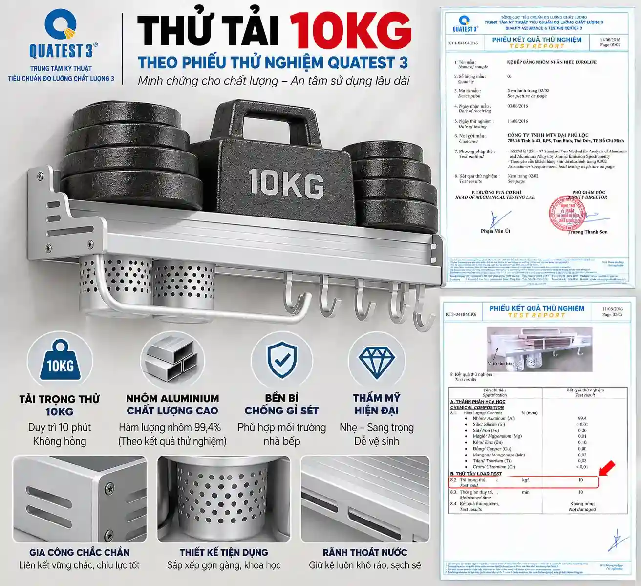 Kệ bếp Eurolife EL-K2 thử tải 10kg theo phiếu QUATEST 3