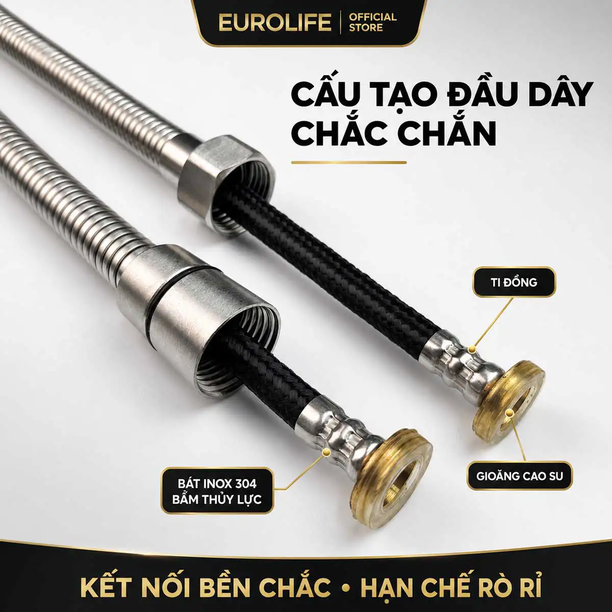Cấu tạo đầu dây xịt Eurolife EL-X12-V gồm ti đồng, bát Inox 304 bấm thủy lực và gioăng cao su hỗ trợ kết nối kín khít. 