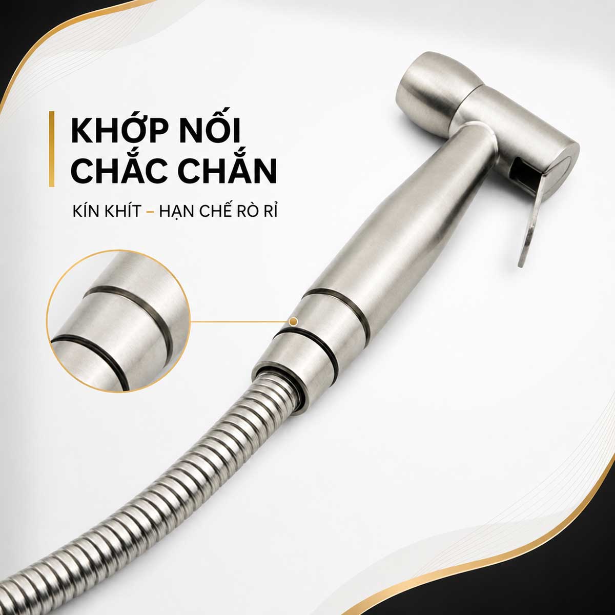 Tay xịt Eurolife EL-H-X05 kết nối chắc chắn với dây xịt cùng chuẩn ren 21mm, gioăng làm kín hỗ trợ hạn chế rò rỉ. 
