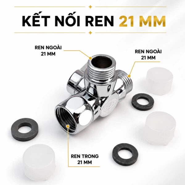 Van T Eurolife EL-VT03 sử dụng một đầu ren trong 21mm và hai đầu ren ngoài 21mm, kèm roong cao su làm kín.