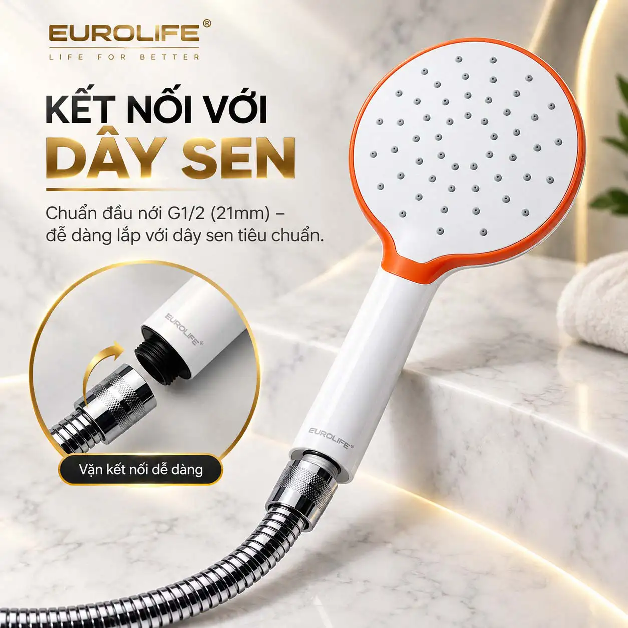 Tay sen của bộ Eurolife EL-107SH kết nối với dây sen qua chuẩn đầu nối G1/2 21mm