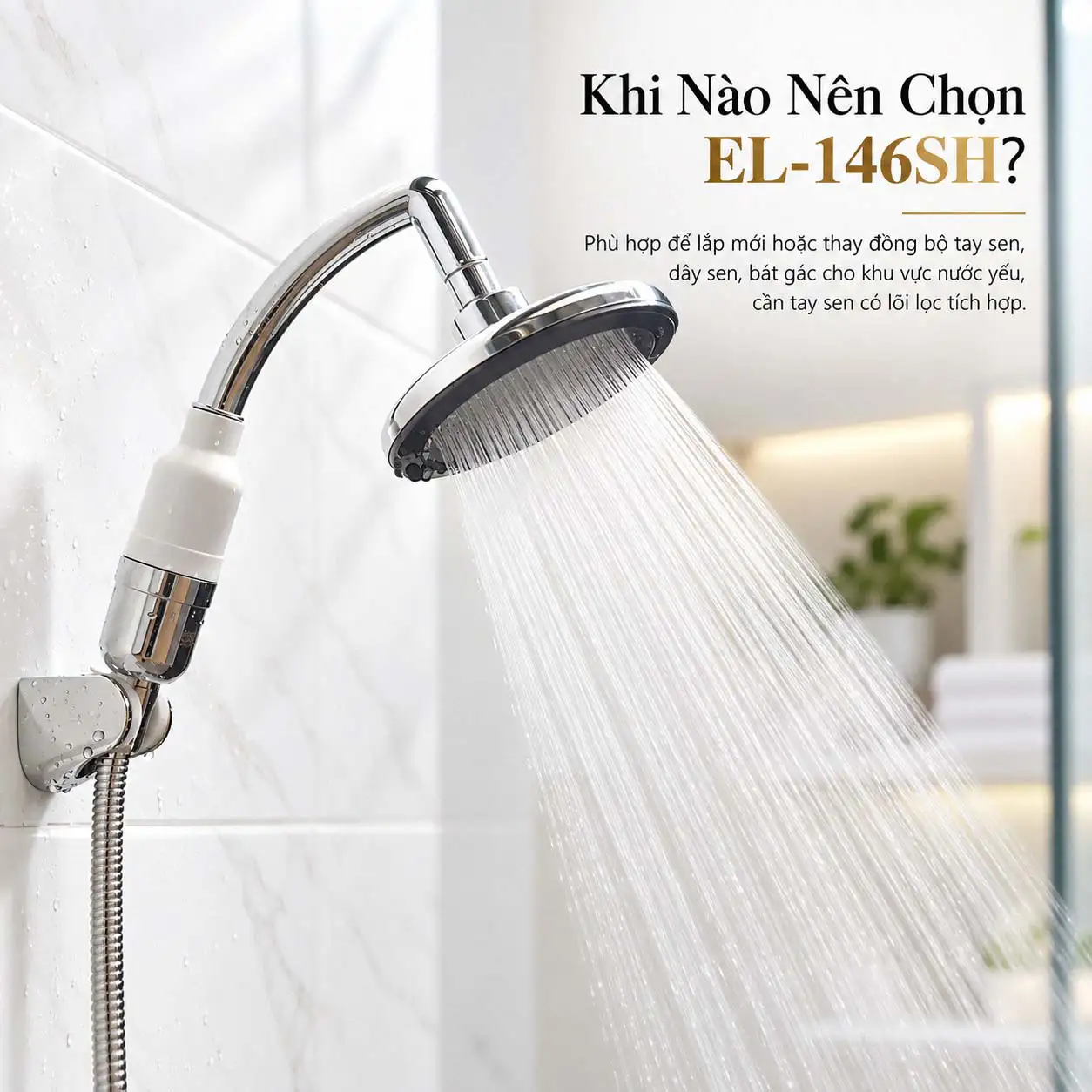 Tay sen Eurolife EL-146SH đang phun nước minh họa nhu cầu lắp mới hoặc thay đồng bộ tay sen dây sen và bát gác