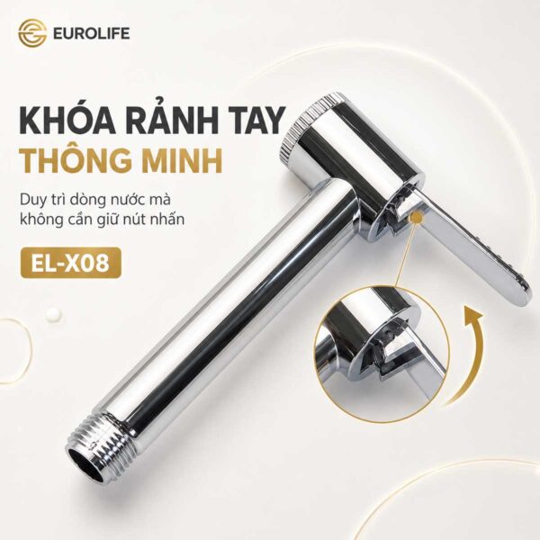 Khóa rảnh tay Eurolife EL-X08 hỗ trợ duy trì dòng nước mà không cần giữ nút nhấn liên tục.