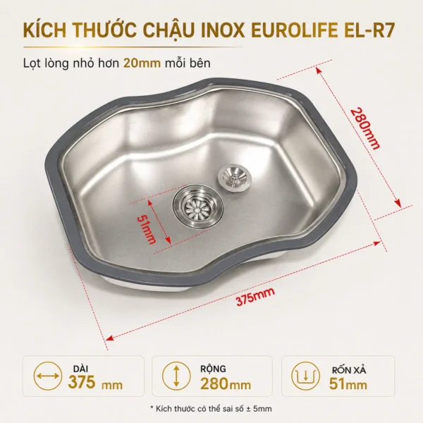 Kích thước chậu inox mini có xả Eurolife EL-R7 375x280x110mm