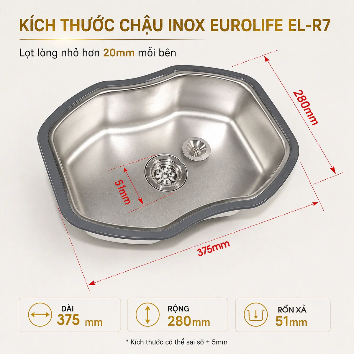 Kích thước chậu inox mini có xả Eurolife EL-R7 375x280x110mm