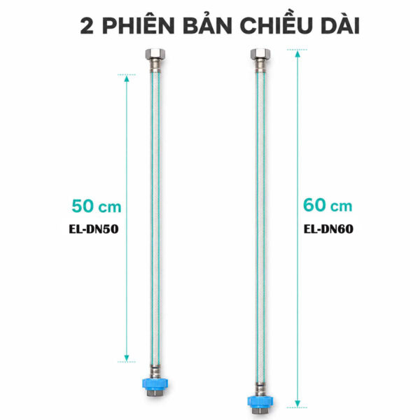 So sánh dây cấp Eurolife EL-DN50 dài 50cm và EL-DN60 dài 60cm, giúp khách hàng chọn đúng kích thước lắp đặt.