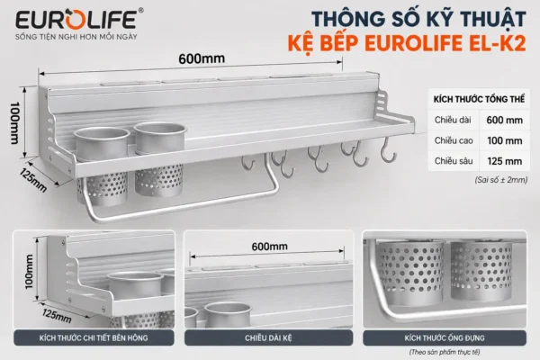 Kích thước kệ bếp Eurolife EL-K2 600 x 125 x 100 mm