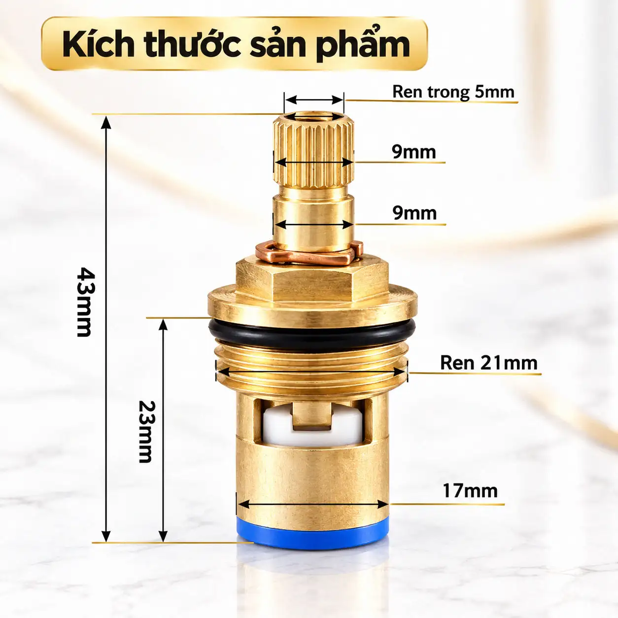 Kích thước ruột vòi nước lạnh Ceramic Eurolife cao 43 mm, thân 17 mm, ren 21 mm và ren trong 5 mm
