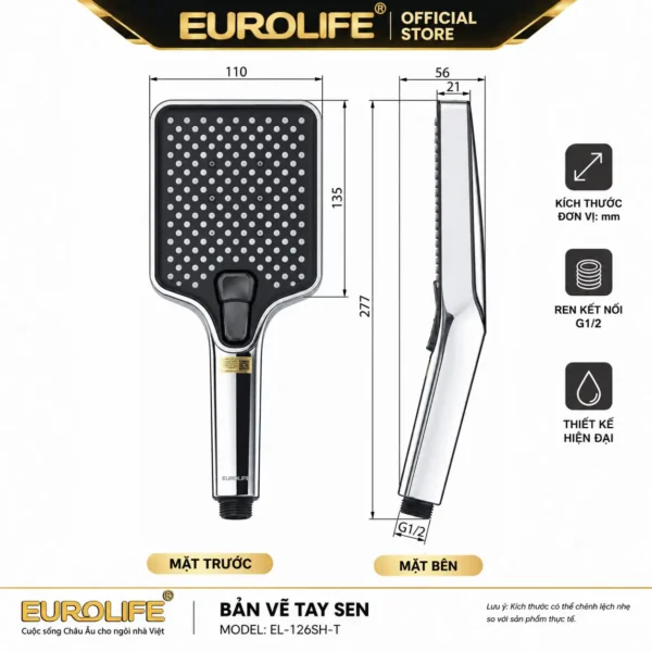Kích thước tay sen Eurolife EL-126SH-T mặt sen 110 x 135 mm dài 277 mm