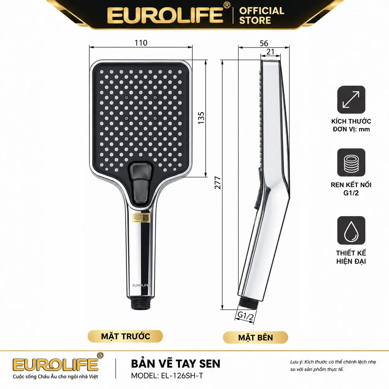 Kích thước tay sen Eurolife EL-126SH-T mặt sen 110 x 135 mm dài 277 mm
