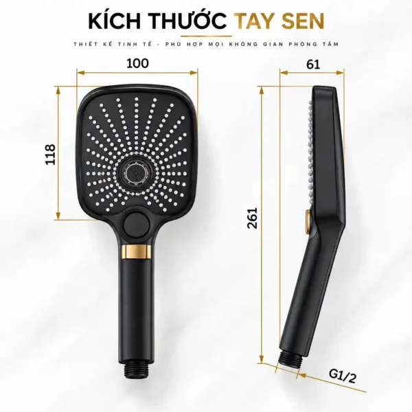 Bản vẽ kích thước tay sen Eurolife EL-127SH-D với mặt sen 100 x 118 mm, chiều dài 261 mm và đầu ren G1/2