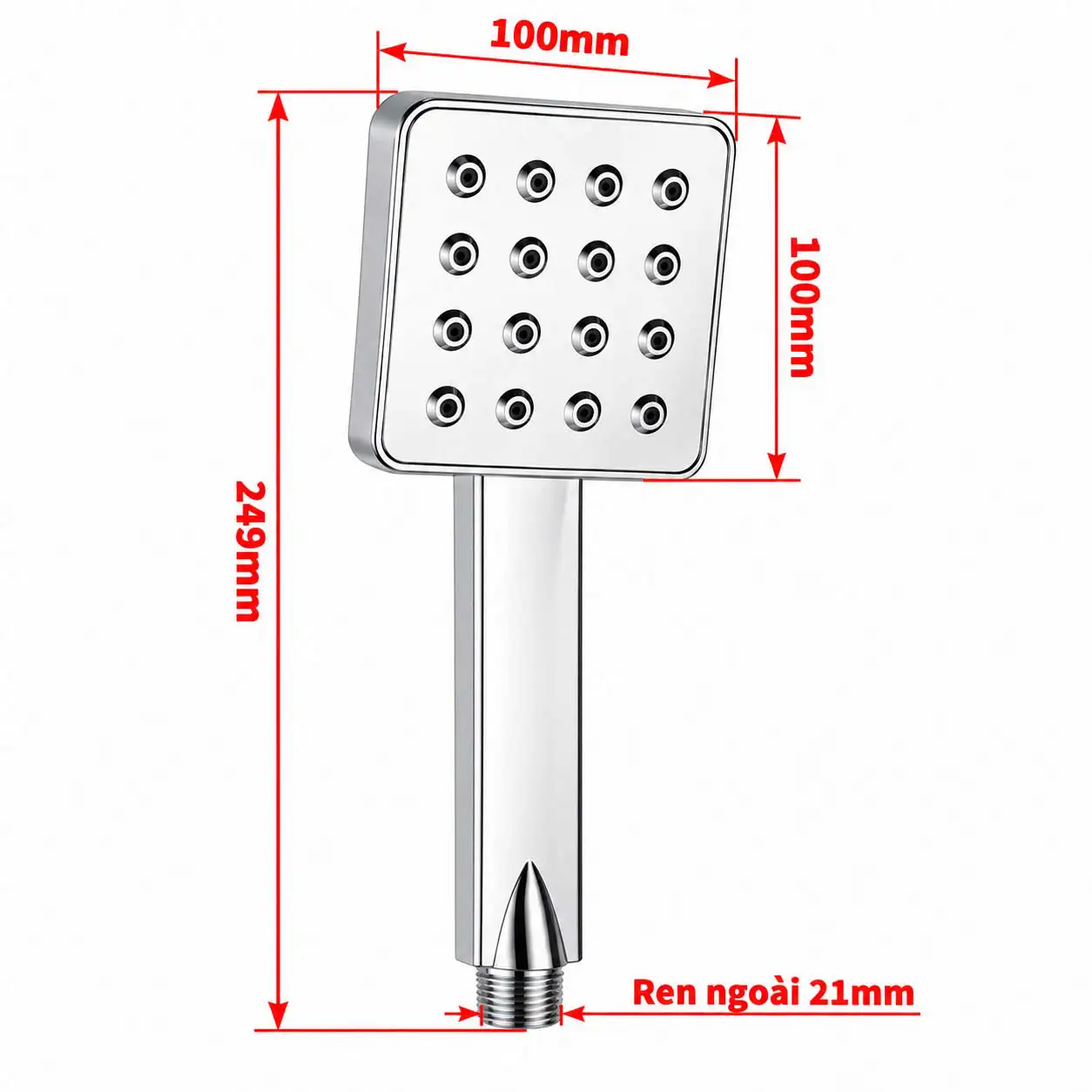 Bản vẽ kích thước tay sen Eurolife EL-H121 mặt vuông 100 x 100mm, dài 249mm và ren ngoài 21mm