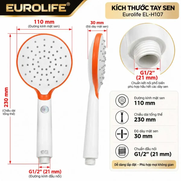 Kích thước tay sen thay thế Eurolife EL-H107 với mặt sen 110mm, dài 230mm, dày 30mm, đầu nối G1/2 21mm