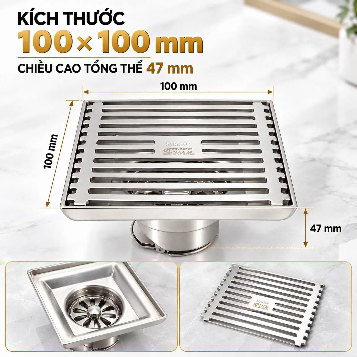 Thoát sàn inox 304 10x10 Eurolife EL-HG04 kích thước 100 × 100 mm và chiều cao tổng thể 47 mm
