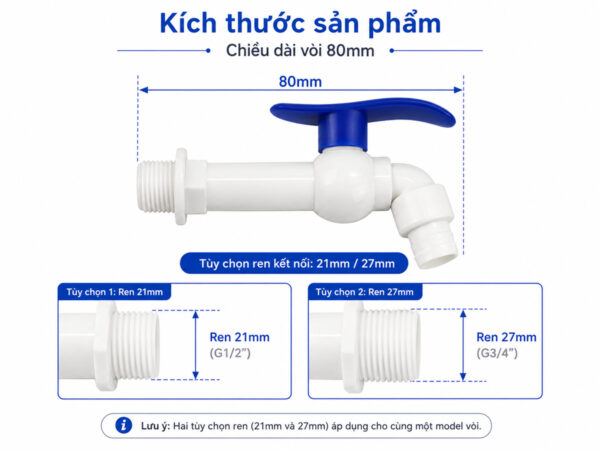 Kích thước vòi hồ nhựa PP Eurolife EL-VHX2127 dài 80mm với hai phiên bản lựa chọn ren ngoài 21mm hoặc 27mm.