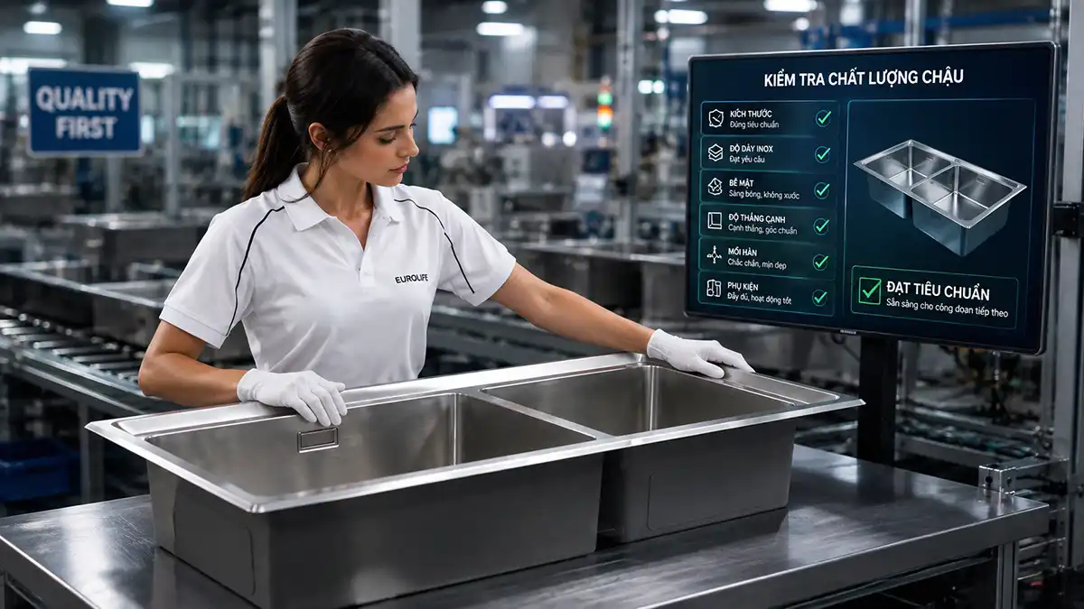 Kiểm tra chất lượng chậu rửa chén Eurolife trước khi đóng gói