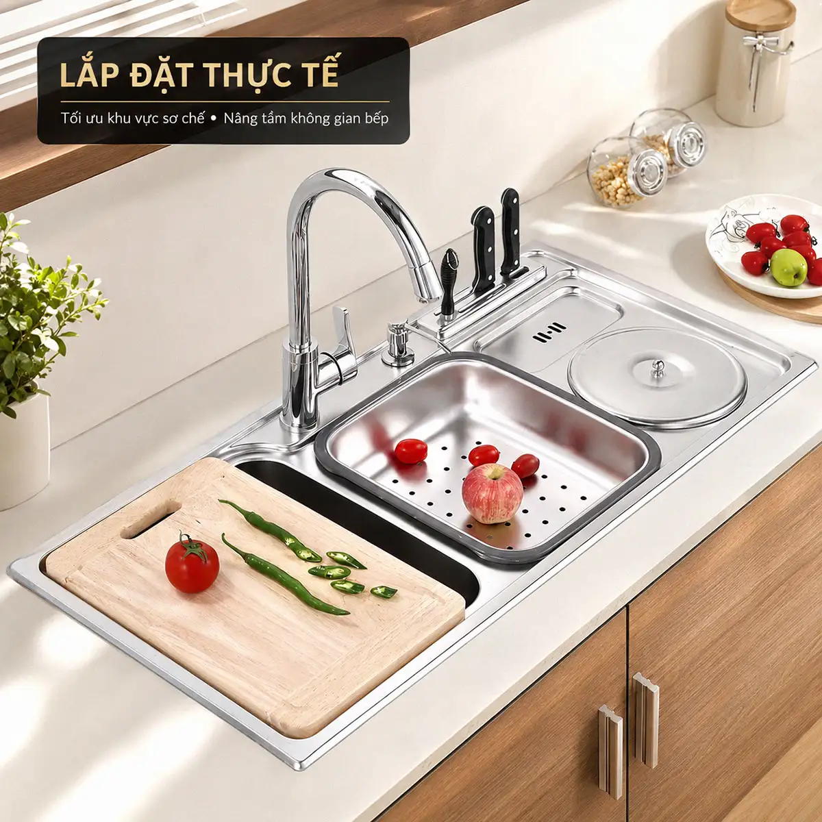 Chậu rửa chén EL-C9245 lắp đặt trên bàn bếp với vòi rửa, thớt, rổ và bộ cài dao minh họa