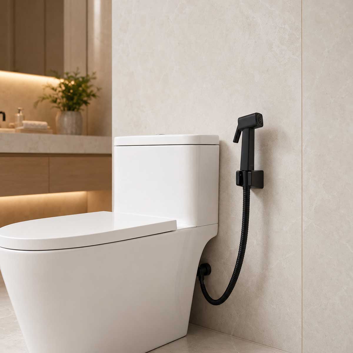 Bộ vòi xịt Eurolife EL-X11-D màu đen lắp đặt gọn gàng cạnh bồn cầu trong phòng tắm hiện đại 