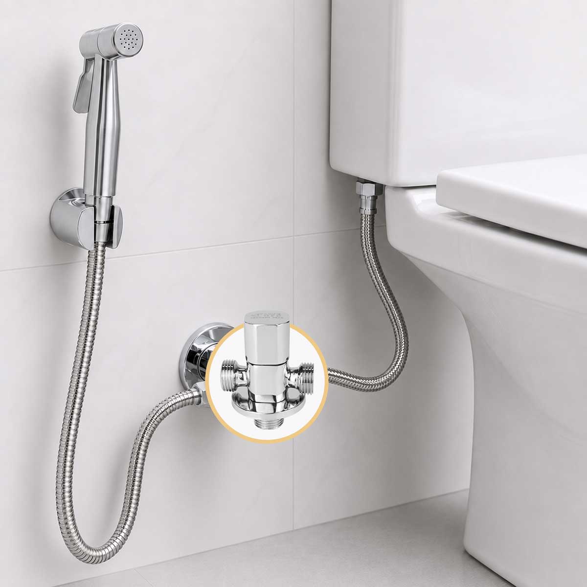 Mô phỏng lắp van T Eurolife EL-VG02 để chia nước cho két bồn cầu và vòi xịt vệ sinh, giúp tận dụng một nguồn cấp có sẵn.