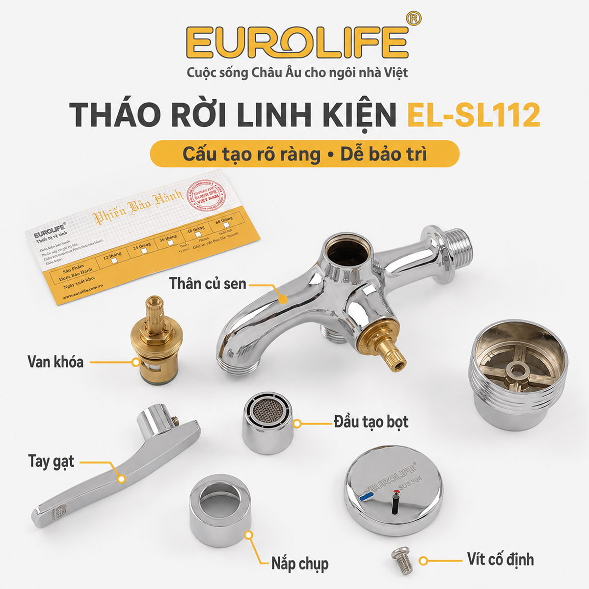 Các linh kiện của củ sen lạnh Eurolife EL-SL112 có thể tháo rời để kiểm tra và bảo trì, gồm thân củ sen, van khóa, tay gạt, đầu tạo bọt, nắp chụp và vít cố định.