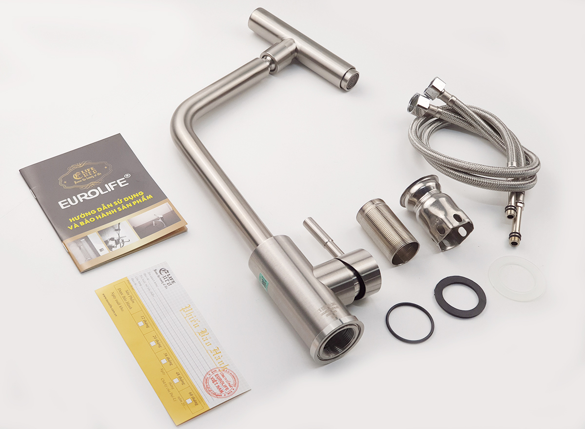 Linh kiện đi kèm vòi rửa chén nóng lạnh Eurolife EL-T031 gồm thân vòi, dây cấp, bát gắn, gioăng đệm, phiếu bảo hành và hướng dẫn sử dụng.