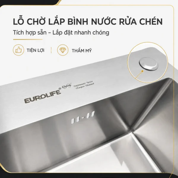 Lỗ chờ lắp bình nước rửa chén trên chậu Eurolife EL-LS8245