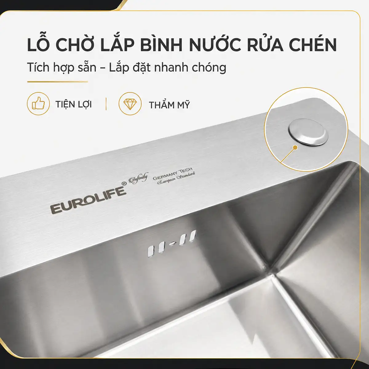 Lỗ chờ lắp bình nước rửa chén trên chậu Eurolife EL-LS8245