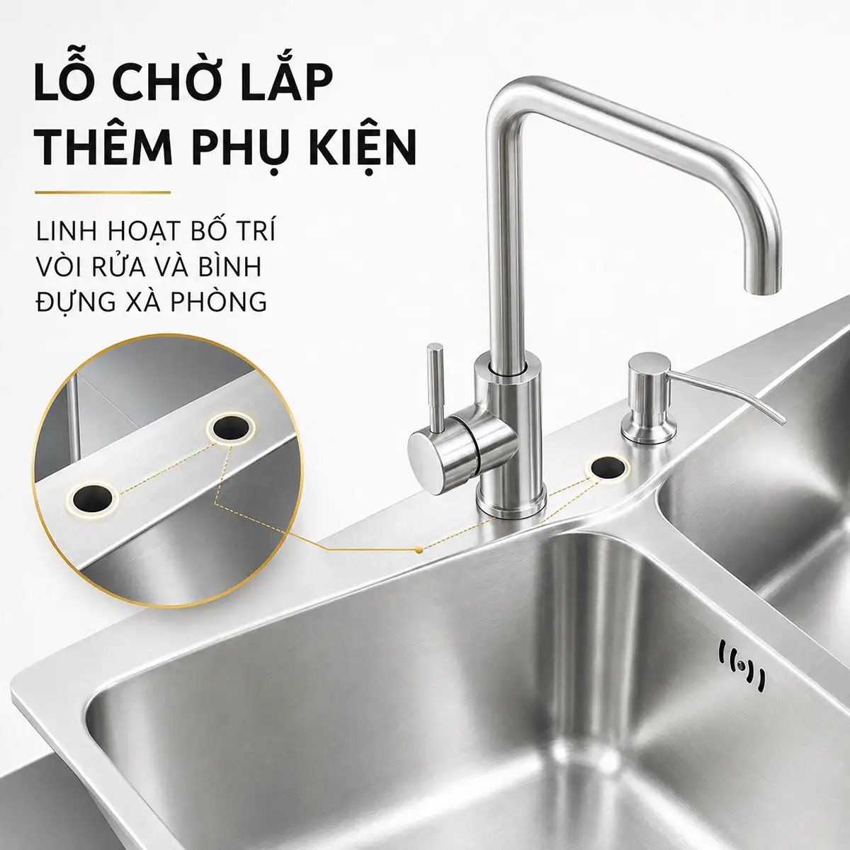 Lỗ chờ phụ kiện trên chậu Eurolife EL-C8245 minh họa vị trí lắp vòi và bình xà phòng