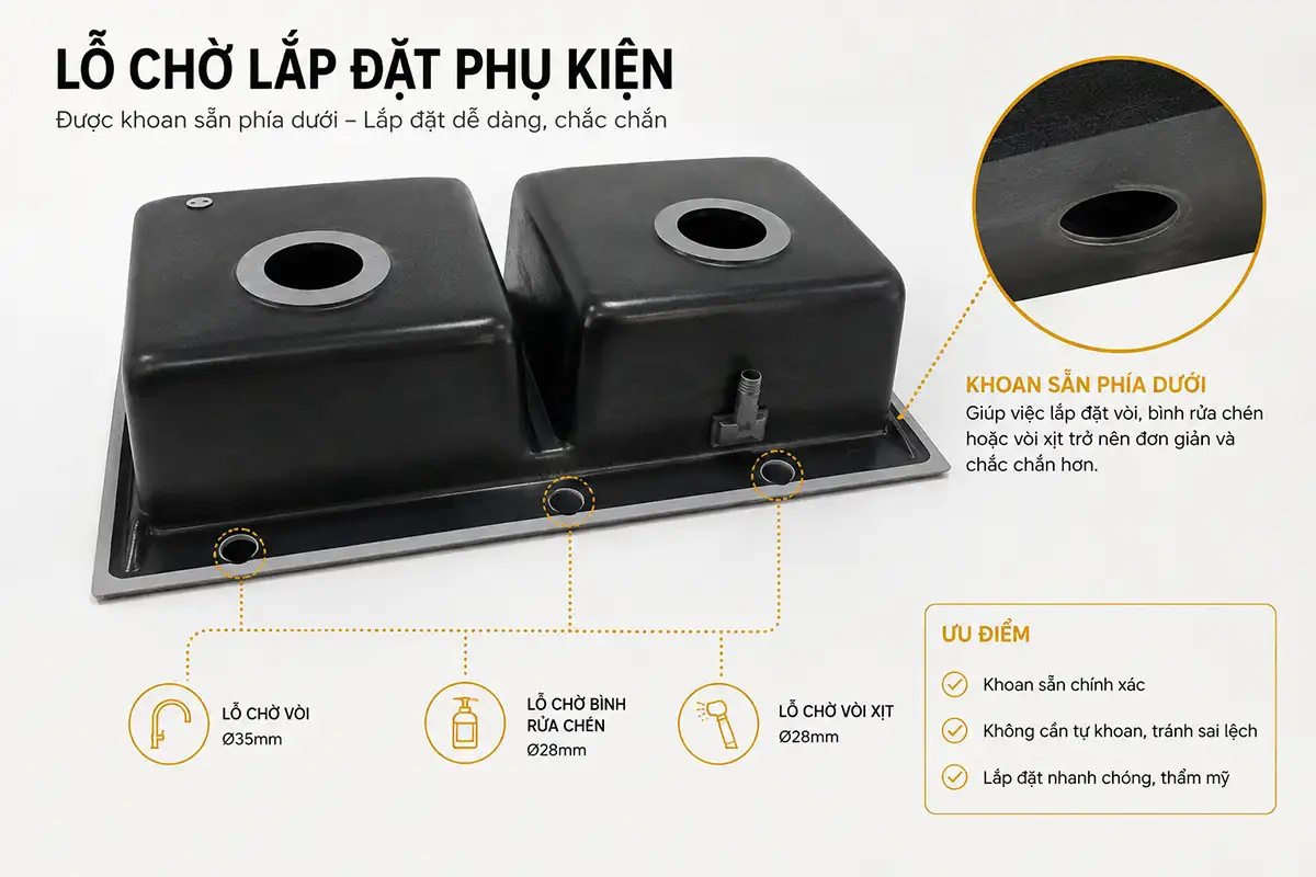 Lỗ chờ vòi và phụ kiện chậu đá thạch anh Eurolife EL-QC8349