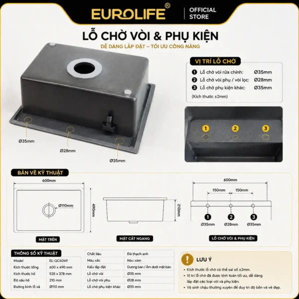 Lỗ chờ vòi và phụ kiện chậu đá thạch anh Eurolife EL-QC6049