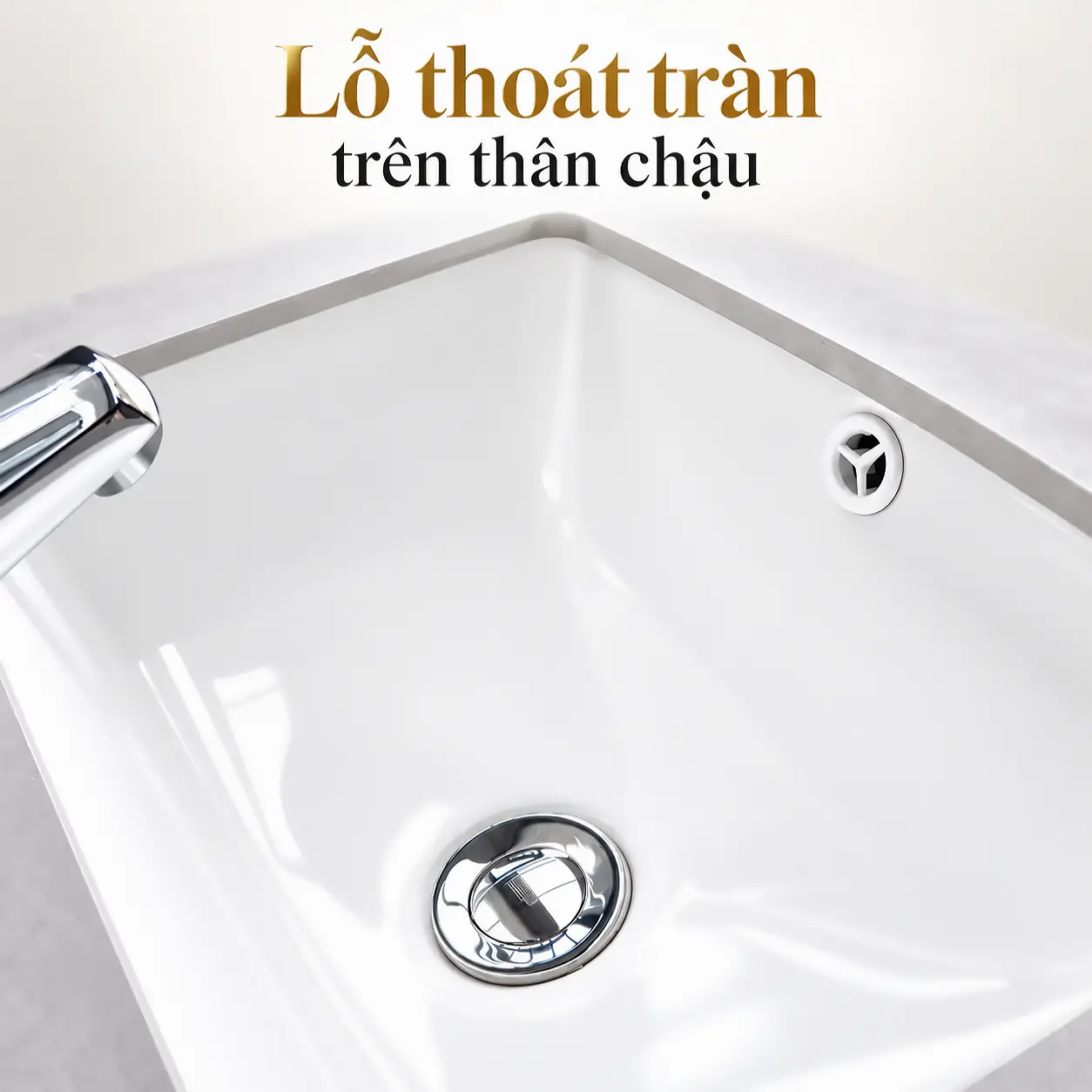 Cận cảnh lỗ thoát tràn trên thành chậu lavabo sứ trắng Eurolife BLV-IN03 và lỗ xả nước dưới đáy chậu.