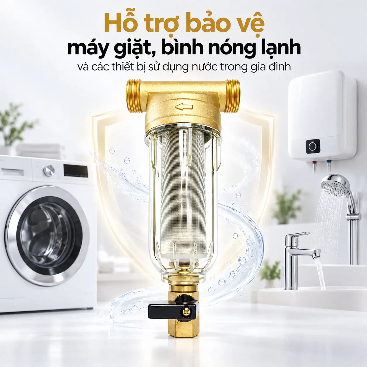Bộ lọc nước thô đầu nguồn Eurolife hỗ trợ hạn chế cặn trước máy giặt bình nóng lạnh và thiết bị dùng nước