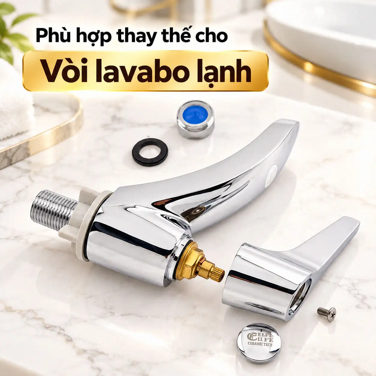 Lõi van Ceramic Eurolife minh họa vị trí thay thế trên vòi lavabo lạnh