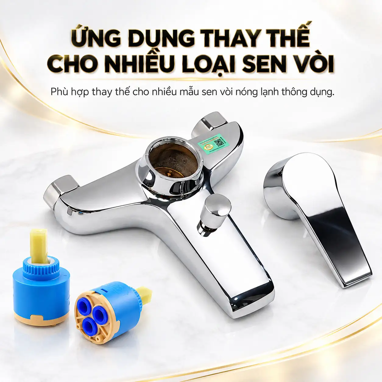 Hai lõi van Ceramic Eurolife minh họa ứng dụng thay thế cho nhiều mẫu sen vòi nóng lạnh
