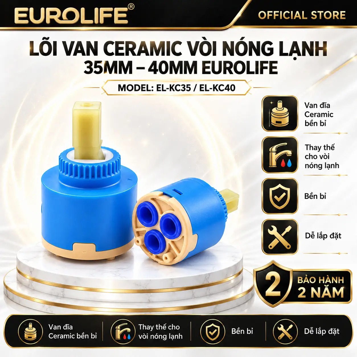 Lõi van Ceramic vòi nóng lạnh 35mm 40mm Eurolife EL-KC35 EL-KC40 bảo hành 2 năm