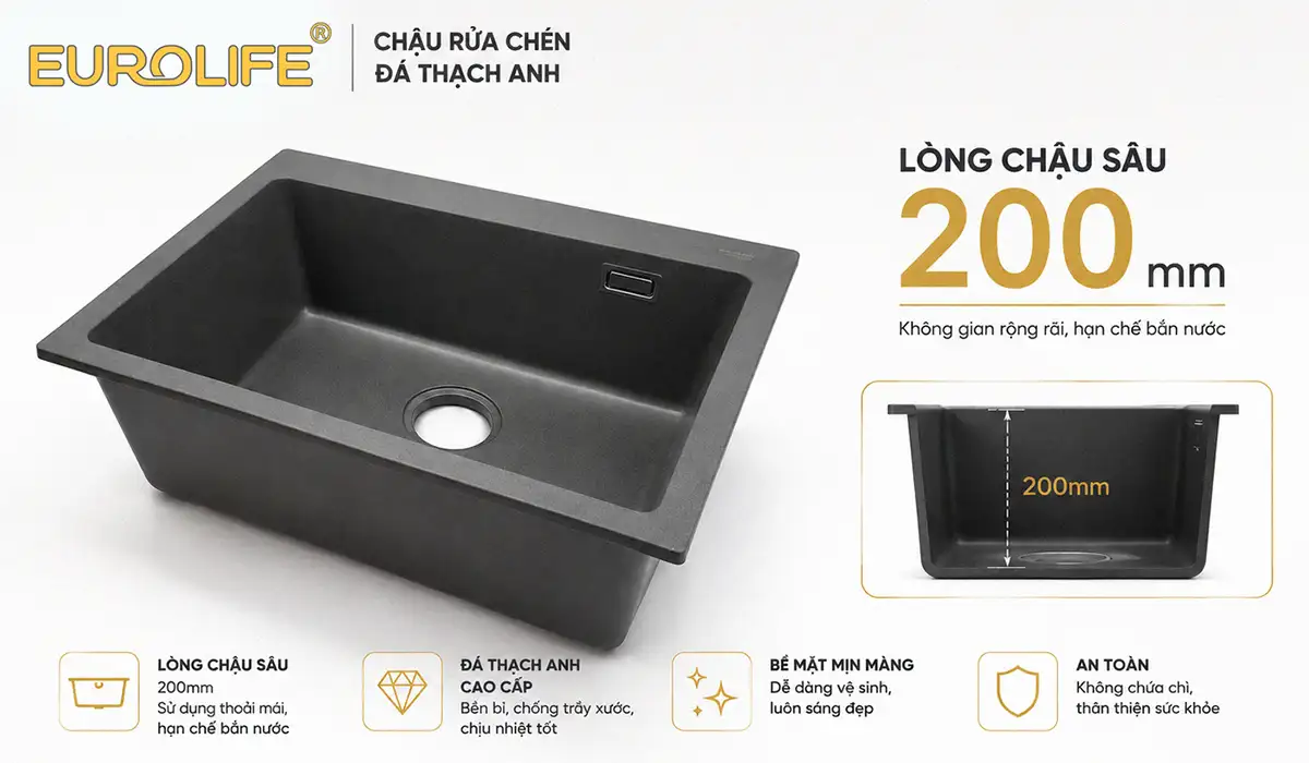 Lòng chậu đá thạch anh Eurolife EL-QC6049 sâu 200 mm
