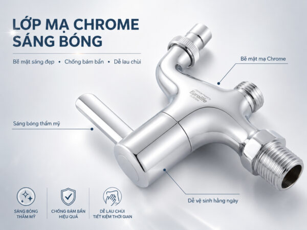 Bề mặt mạ Chrome sáng bóng của củ sen lạnh Eurolife EL-SL109 giúp tăng tính thẩm mỹ, dễ lau chùi, hạn chế bám bẩn và giữ vẻ đẹp sạch sáng khi sử dụng.